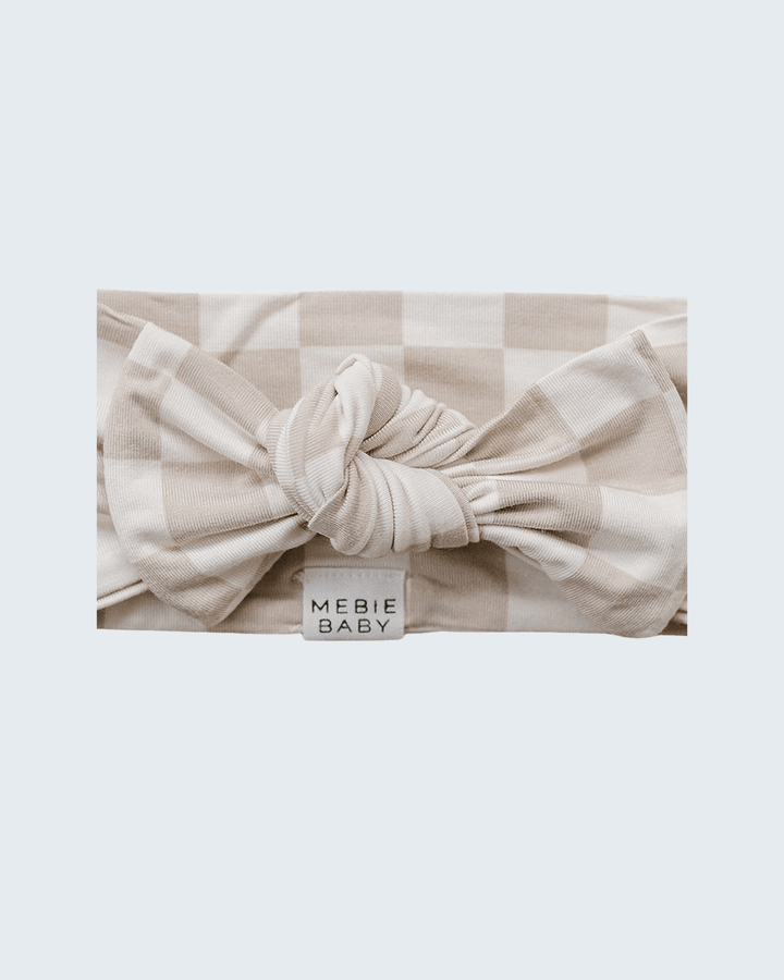 Taupe checkered bamboo head wrap with knotted front