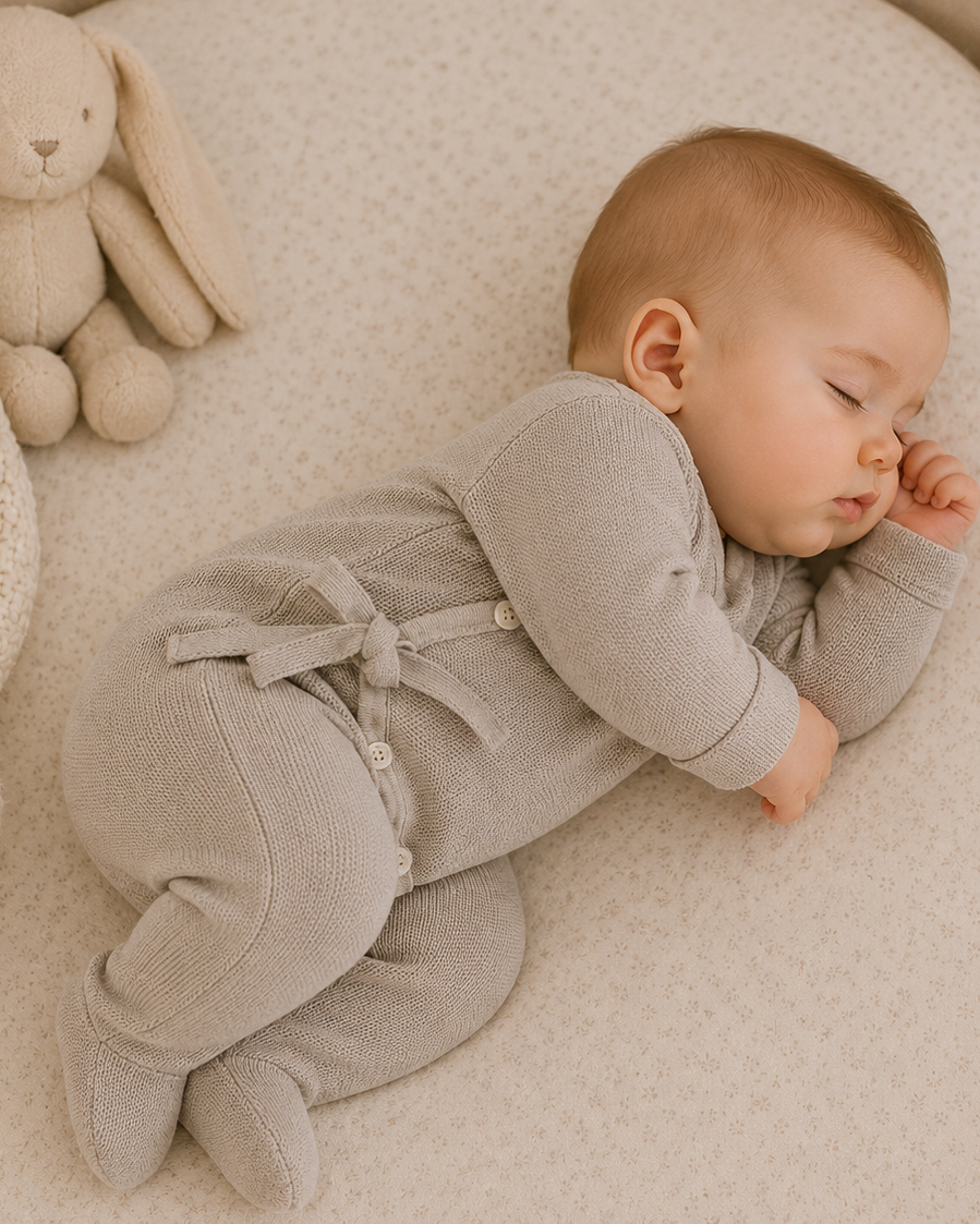 A sleeping baby wearing a light gray knit footed jumpsuit lies on a cream textured mattress inside a wooden crib, with a beige plush bunny toy and cream knit blanket nearby.