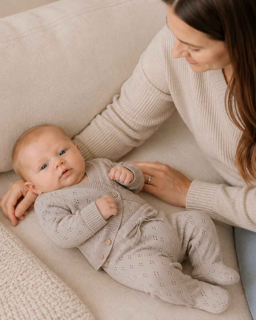 A baby wearing a light beige knit footed one-piece outfit lies on a cream couch while a woman in a matching cream sweater and blue jeans gently touches the baby.