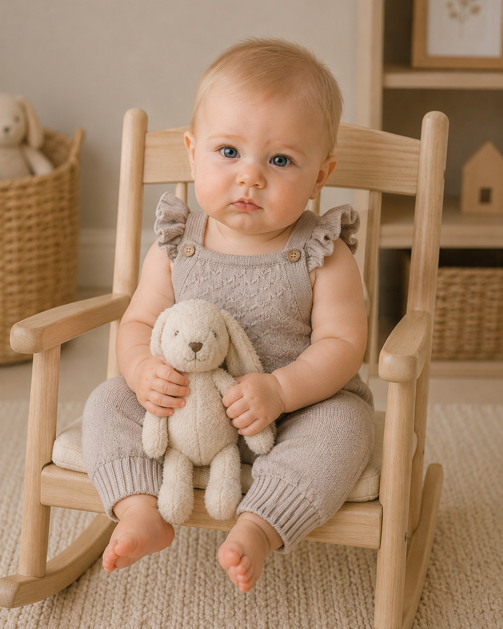 A baby wearing a light gray knit romper sits on a wooden rocking chair, holding a cream-colored plush bunny toy in a cozy nursery setting.
