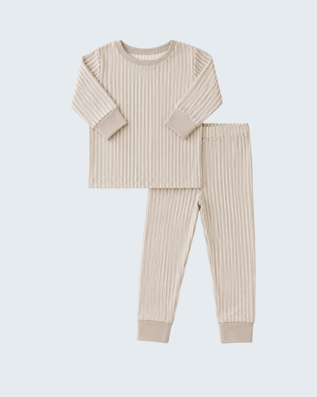 Taupe-striped ribbed bamboo pajama set with long-sleeve top and matching pajama pants