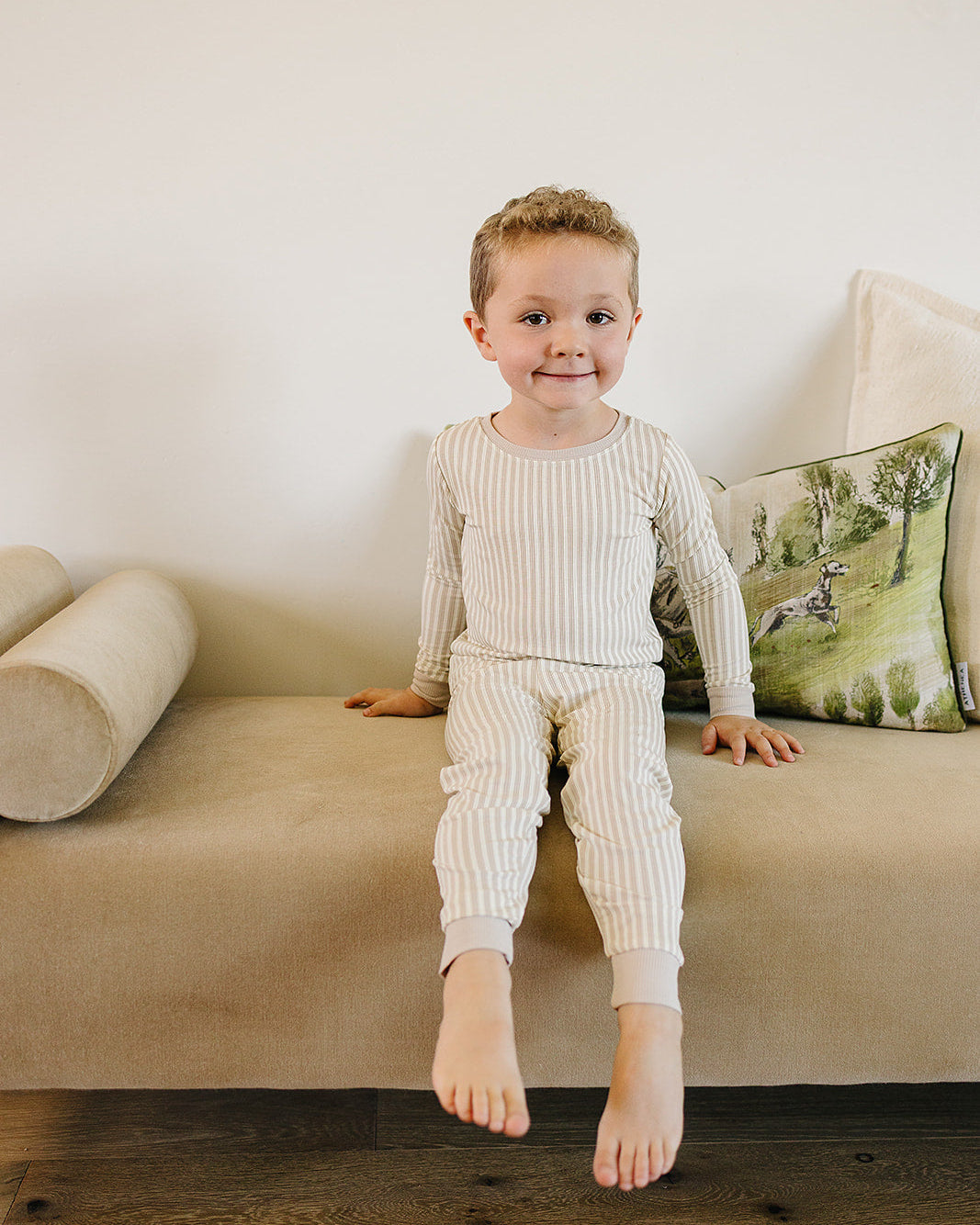 Kids taupe-striped ribbed bamboo pajama set, long-sleeve shirt and ankle pants