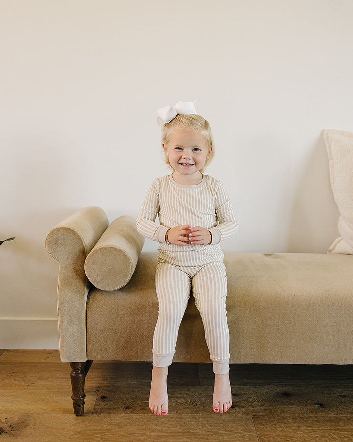 Kids taupe-striped ribbed bamboo pajama set with long-sleeve top and matching pants