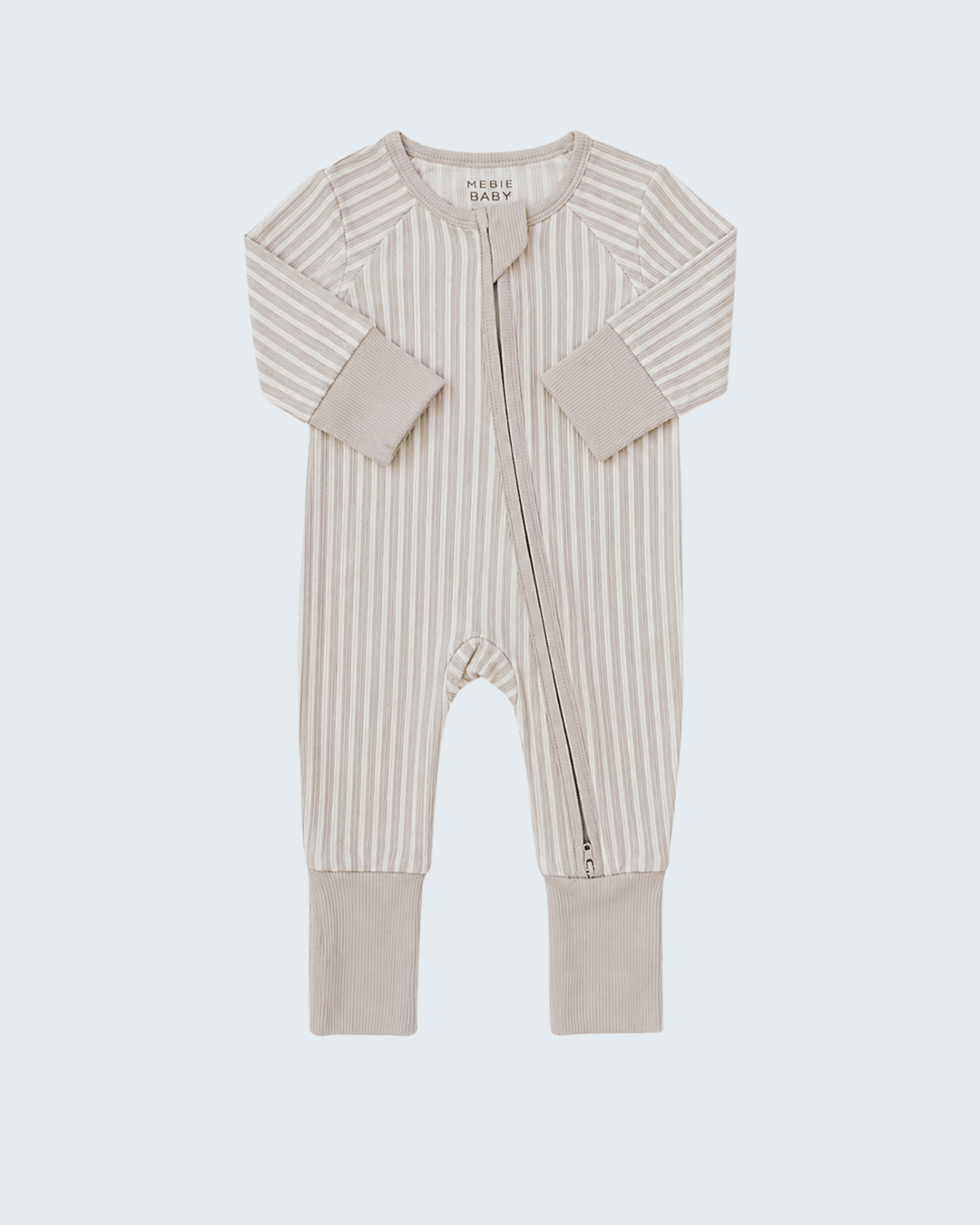 Taupe striped ribbed bamboo zipper romper with long sleeves and footed legs