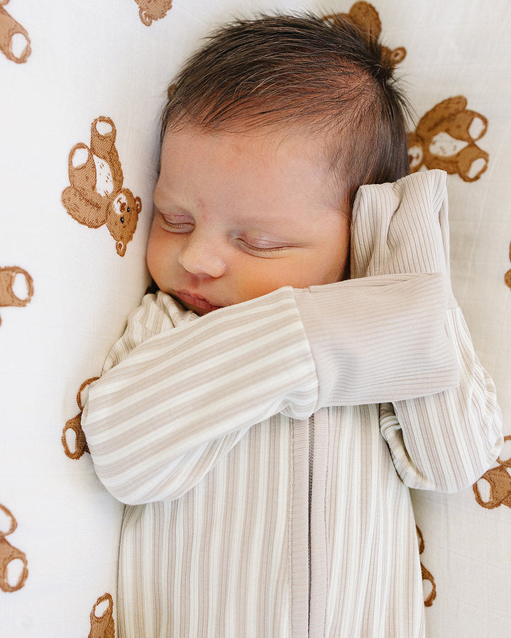 Baby striped zip romper with fold-over cuffs, cream with taupe vertical stripes
