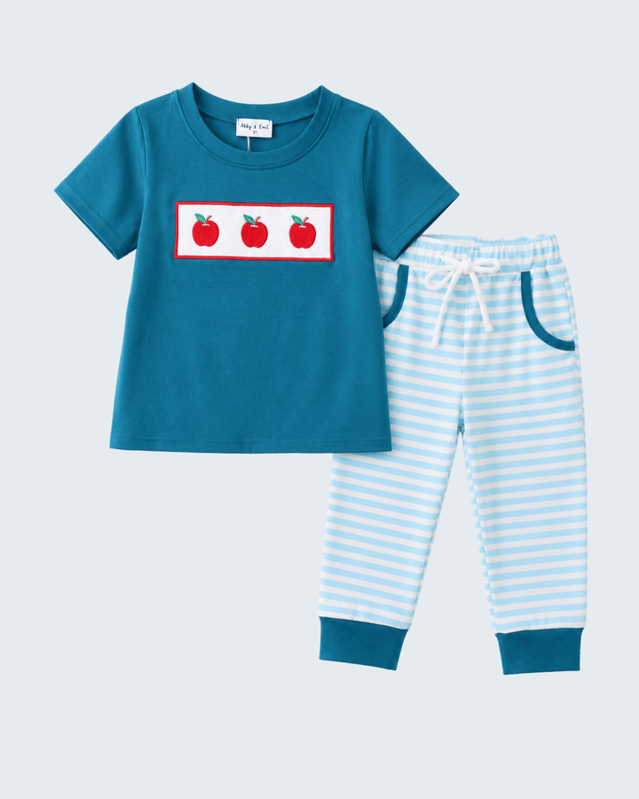 Teal Apple Embroidered Stripe Pants Set on light grey background