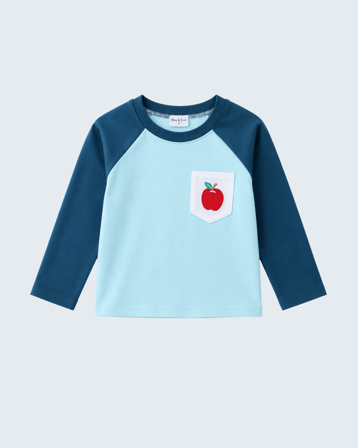 Teal Apple Embroidered Top on light grey background