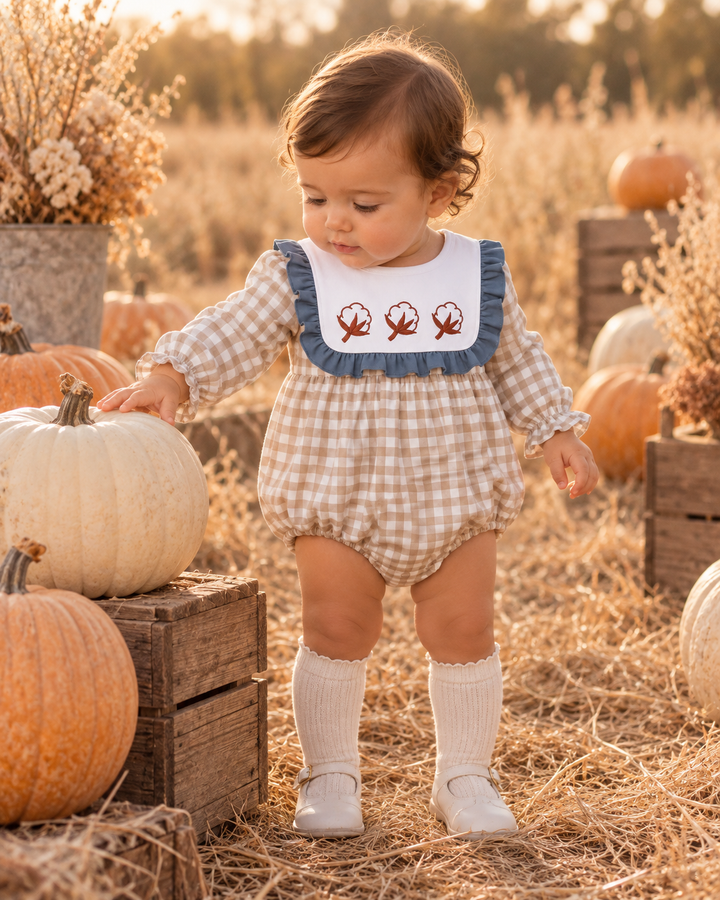 Baby wearing gingham bubble romper with embroidered motif navy ruffle bib