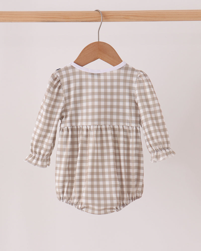 Gingham long-sleeve bubble romper with gathered waist and pintuck ruffle