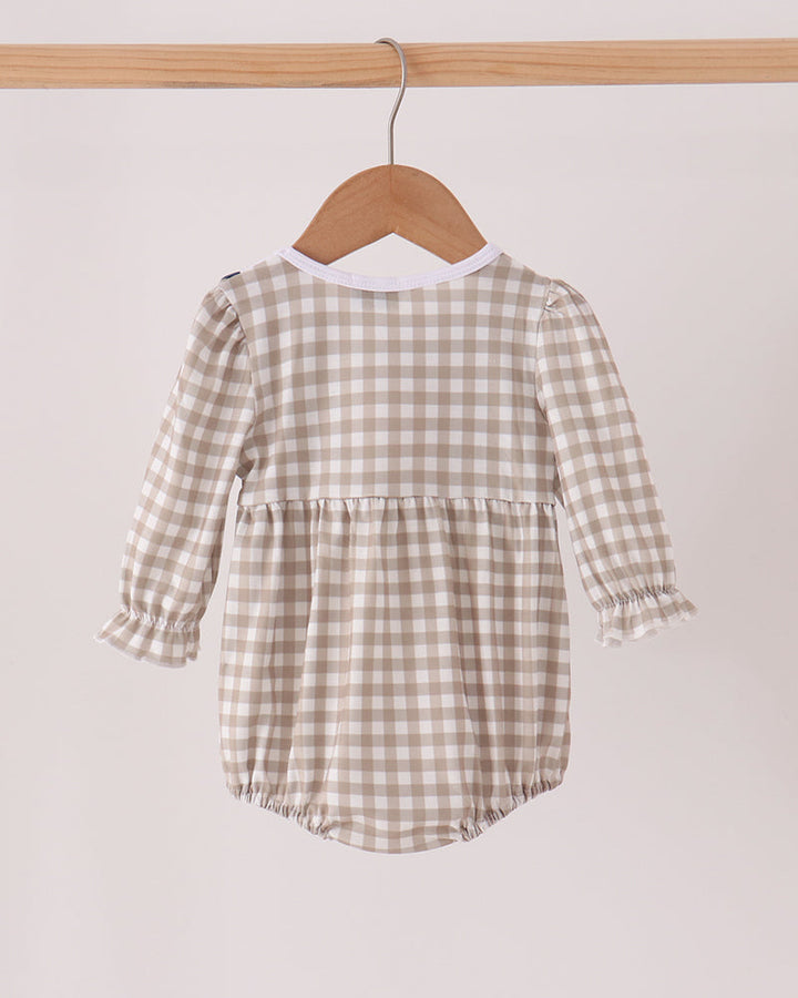 Gingham long-sleeve bubble romper with gathered waist and pintuck ruffle