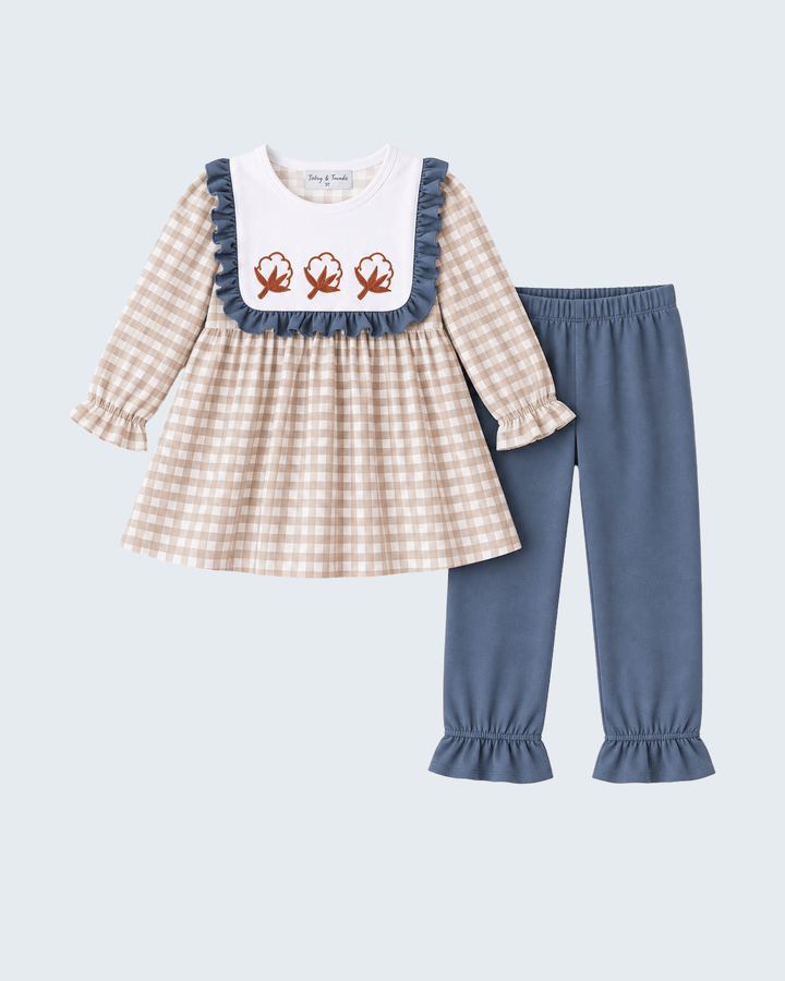 Beige gingham ruffle top with orange leaf embroidery and dark teal pants set