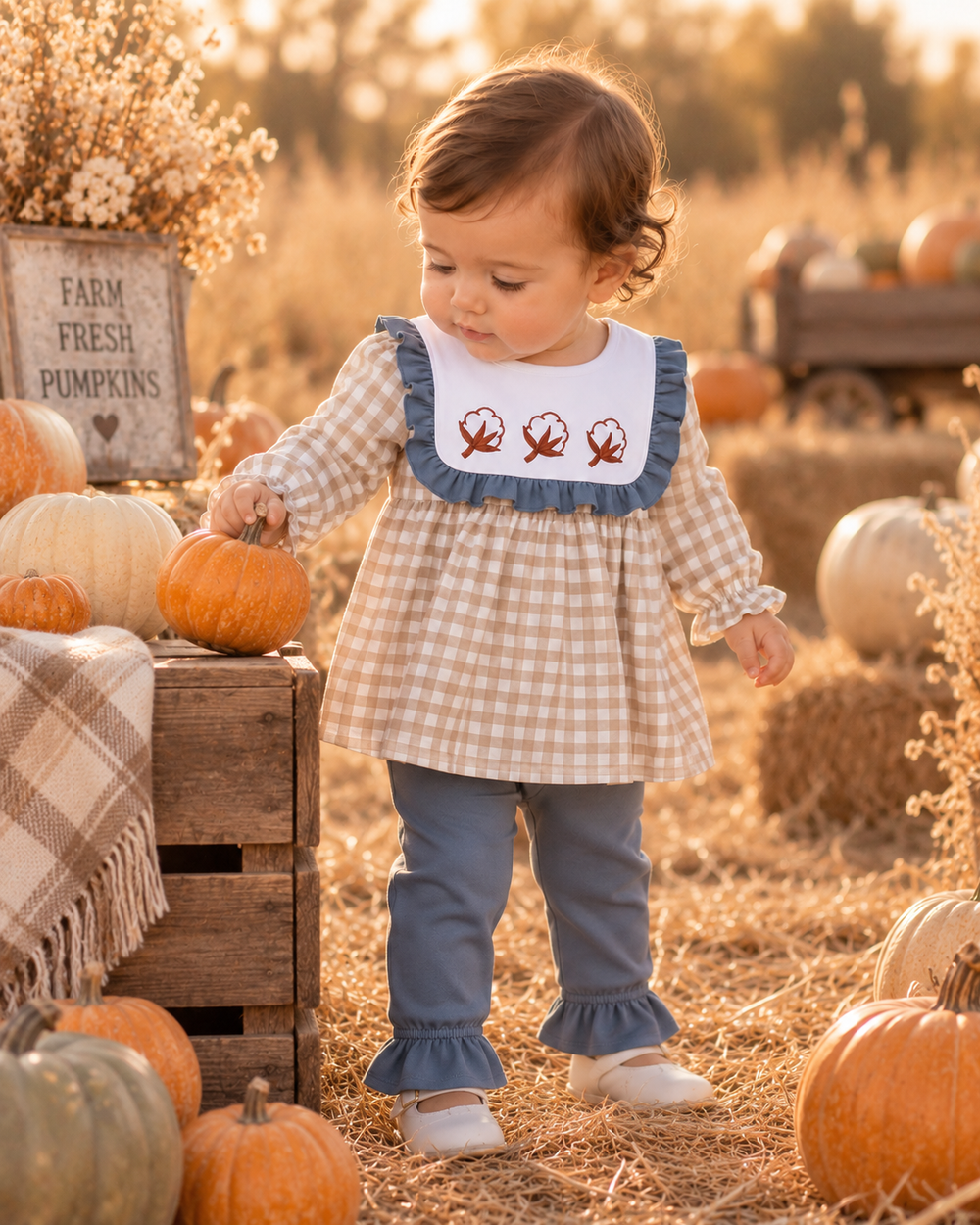 Toddler wearing beige gingham ruffle top with orange embroidery and dark teal pants