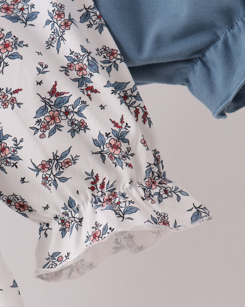 Floral ruffled hem with teal bloomer shorts and elastic waistband