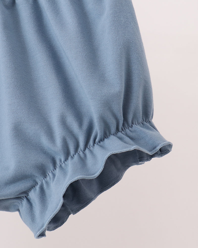 Teal bloomer shorts with elastic waistband and ruffled leg hem