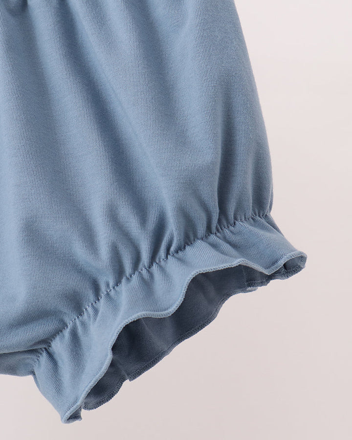 Teal bloomer shorts with elastic waistband and ruffled leg hem