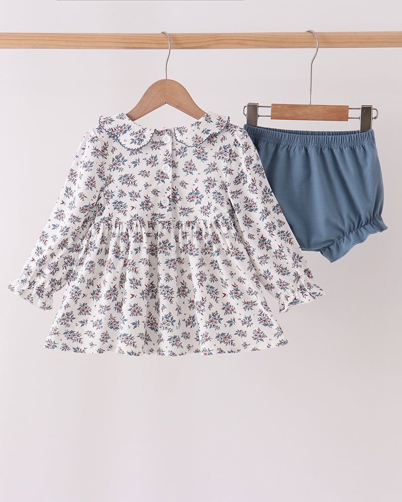 Girls’ floral smocked bloomer set with long-sleeve ruffle top and teal shorts