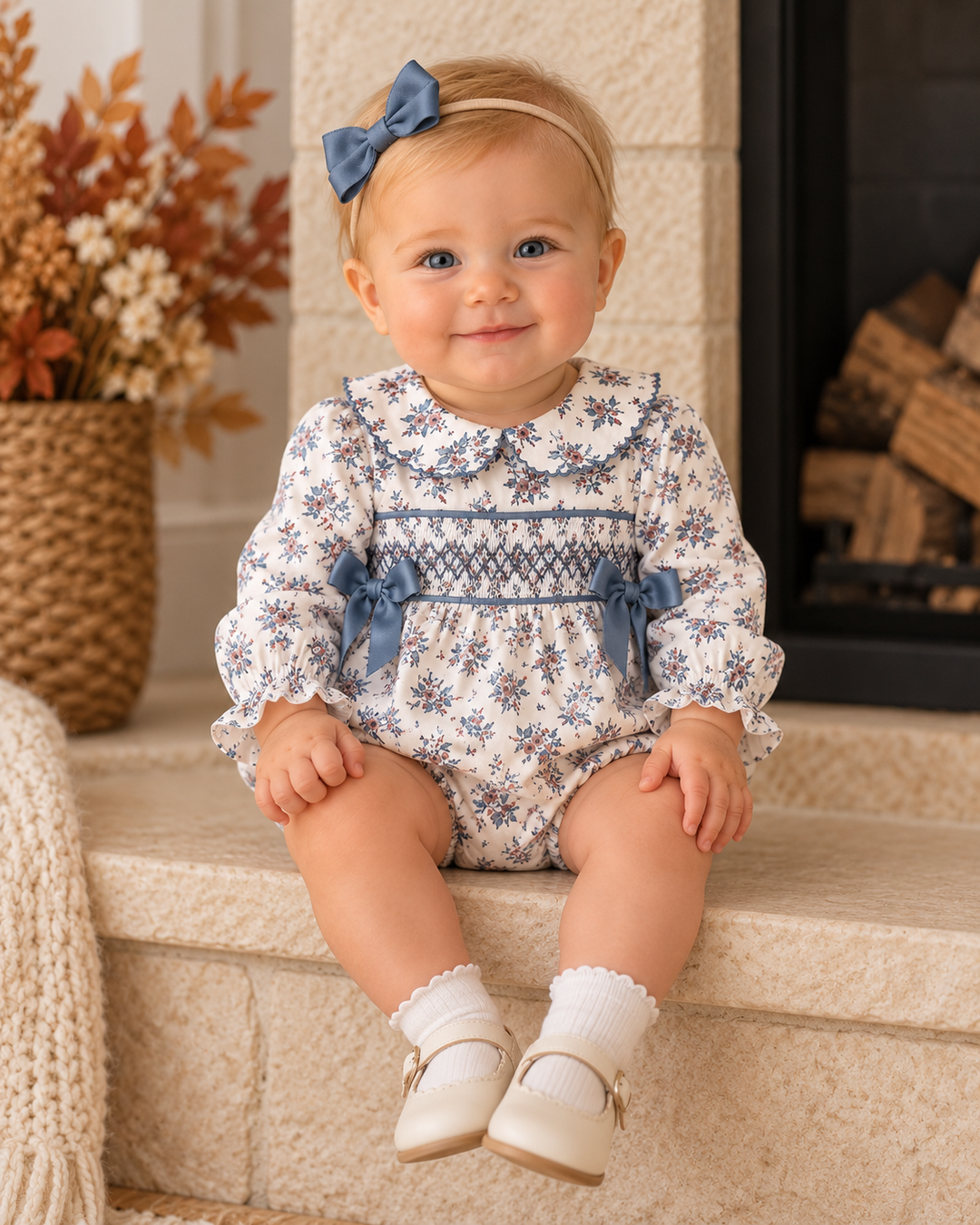 Baby girl is wearing a Teal Floral Smocked Bow Bubble