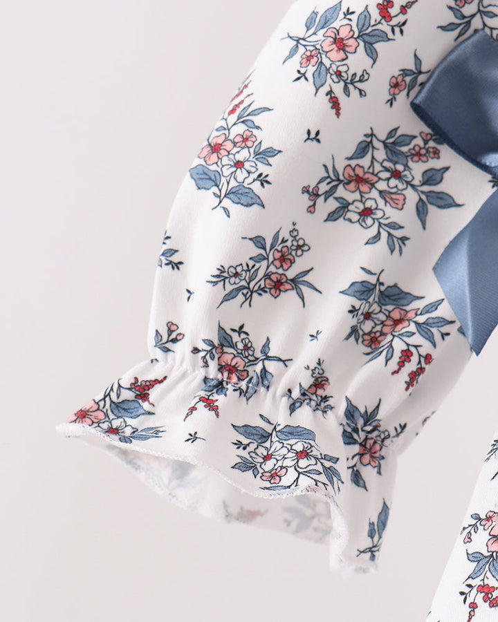 Floral bubble dress sleeve with ruffled cuff, white with blue and red flowers
