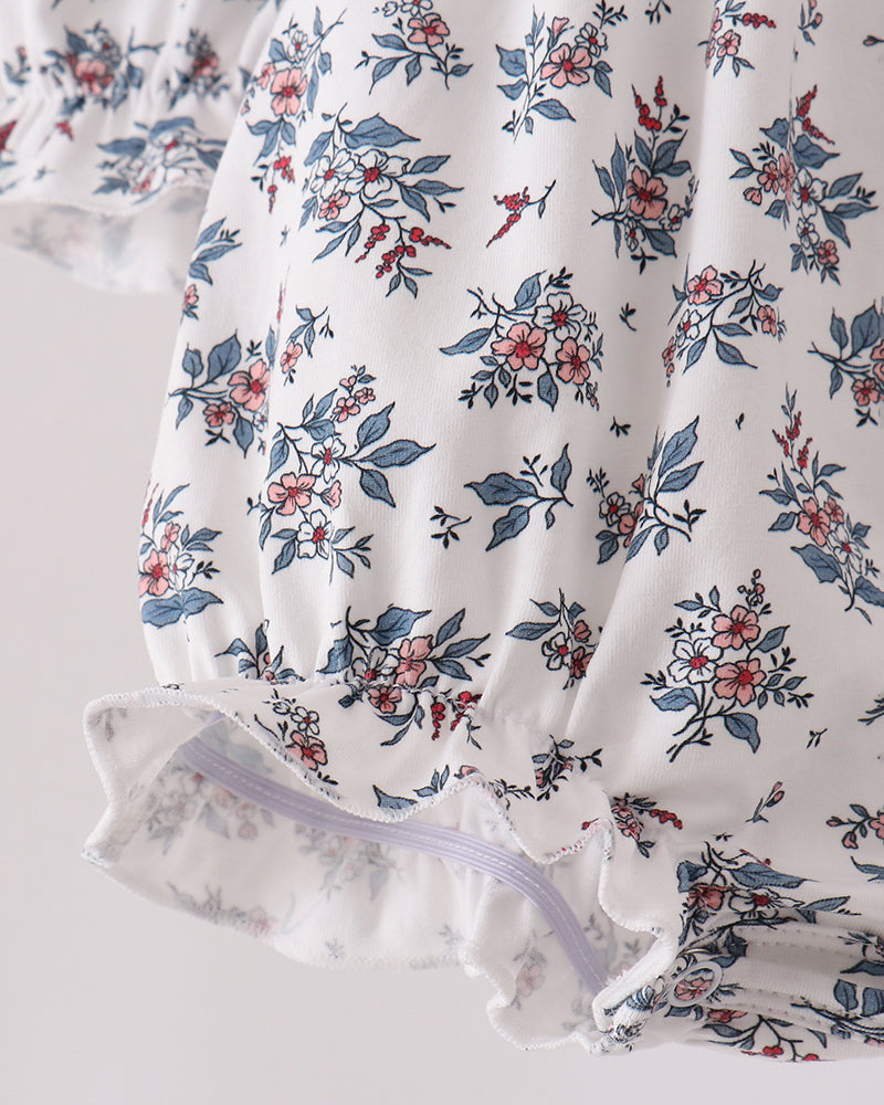 Floral bubble dress hem with layered ruffle, white with blue and red flowers