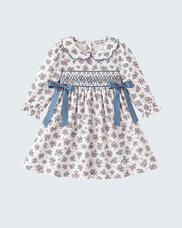 Teal Floral Smocked Bow Girls Dress