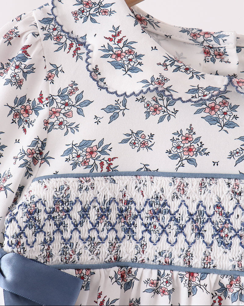 Blue floral long-sleeve dress with smocked waist and scalloped neckline