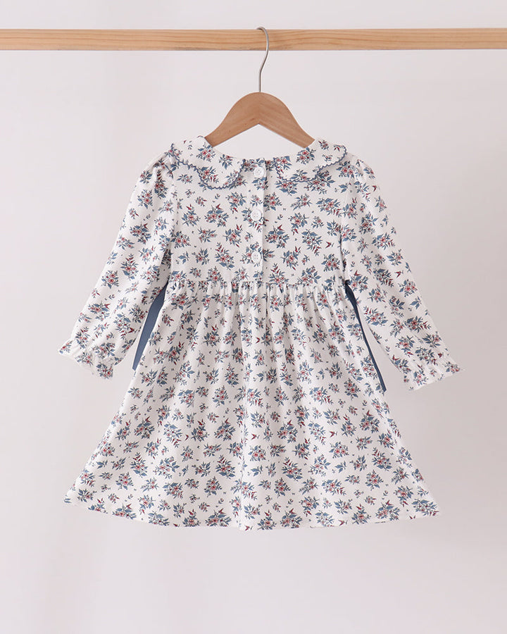 Front view: blue floral long-sleeve smocked dress with ribbon bow
