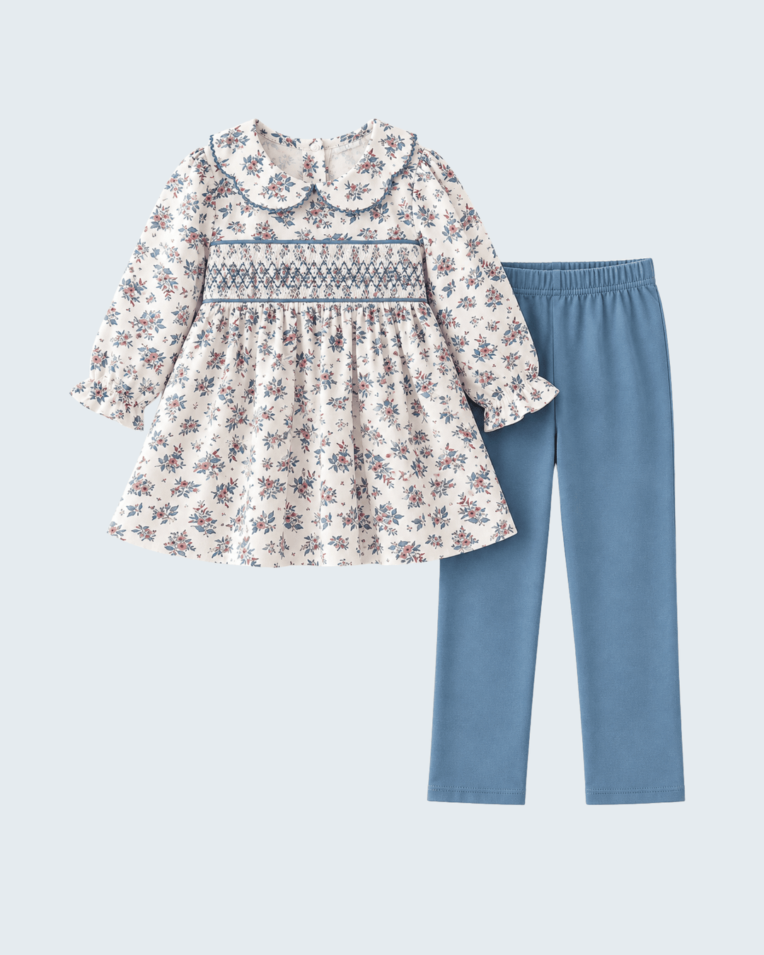 Floral smocked tunic top with long sleeves and blue pants set for toddler