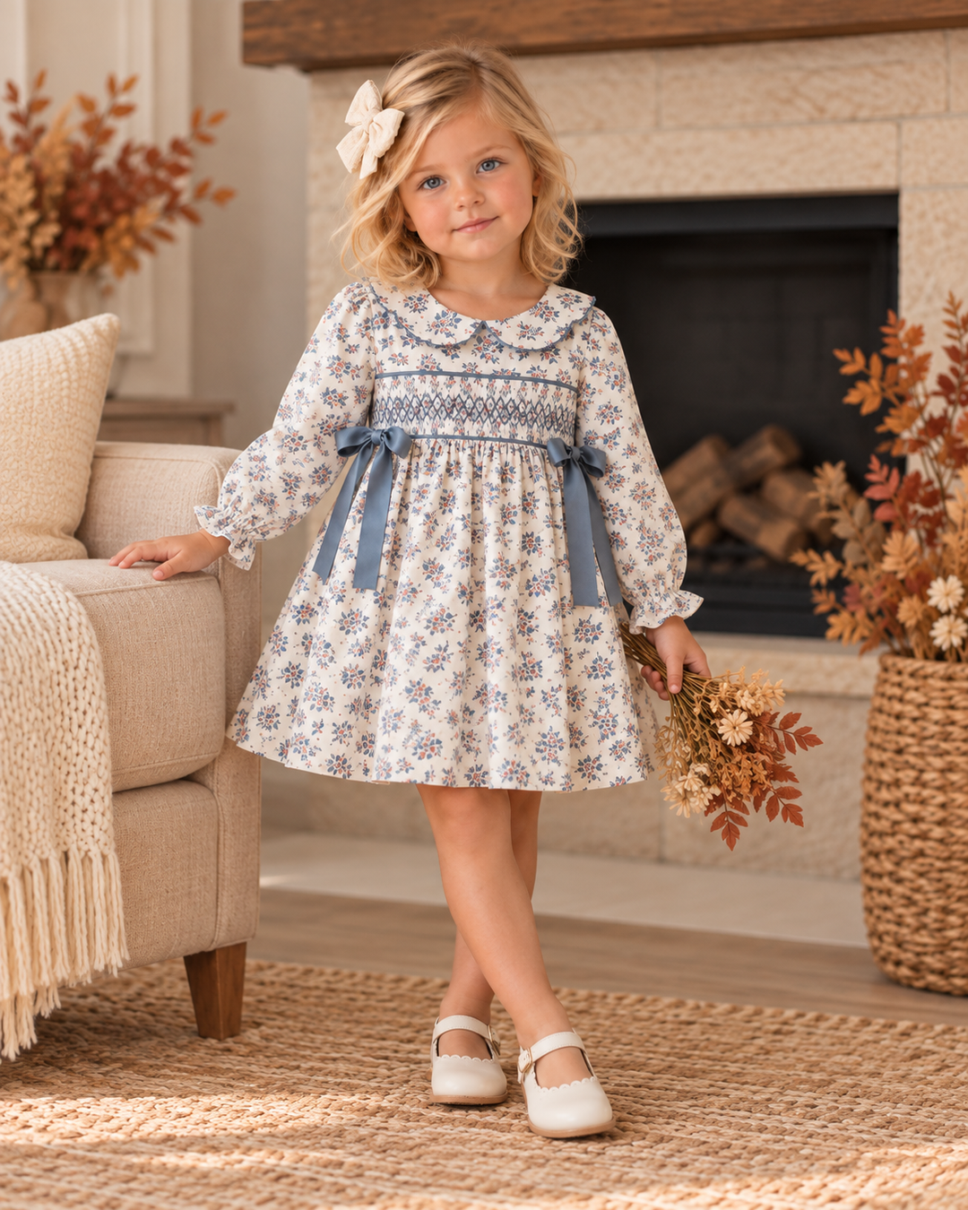 Girls blue floral smocked bow dress with long sleeves, standing