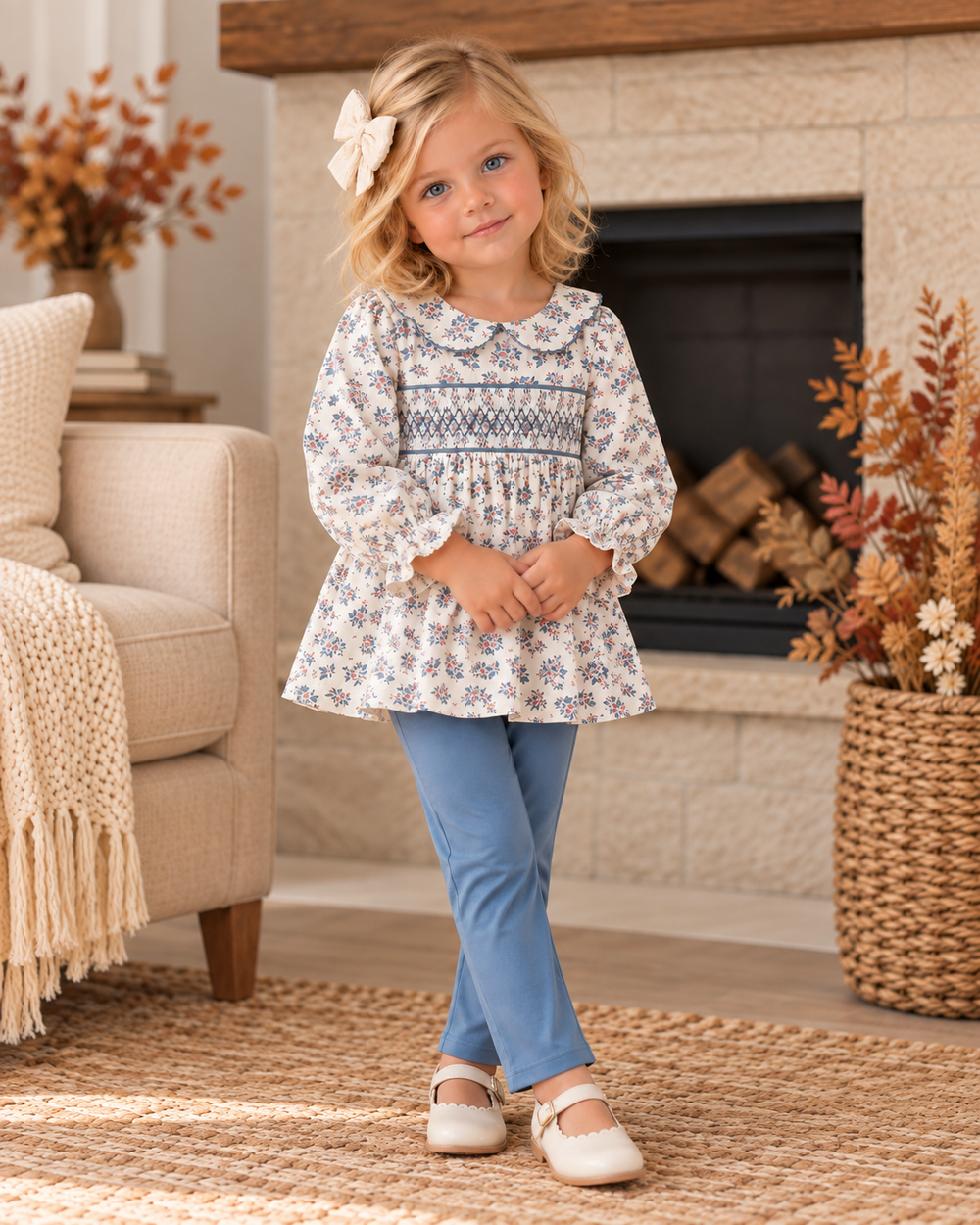 Toddler wearing white floral smocked tunic top and solid blue pants with shoes
