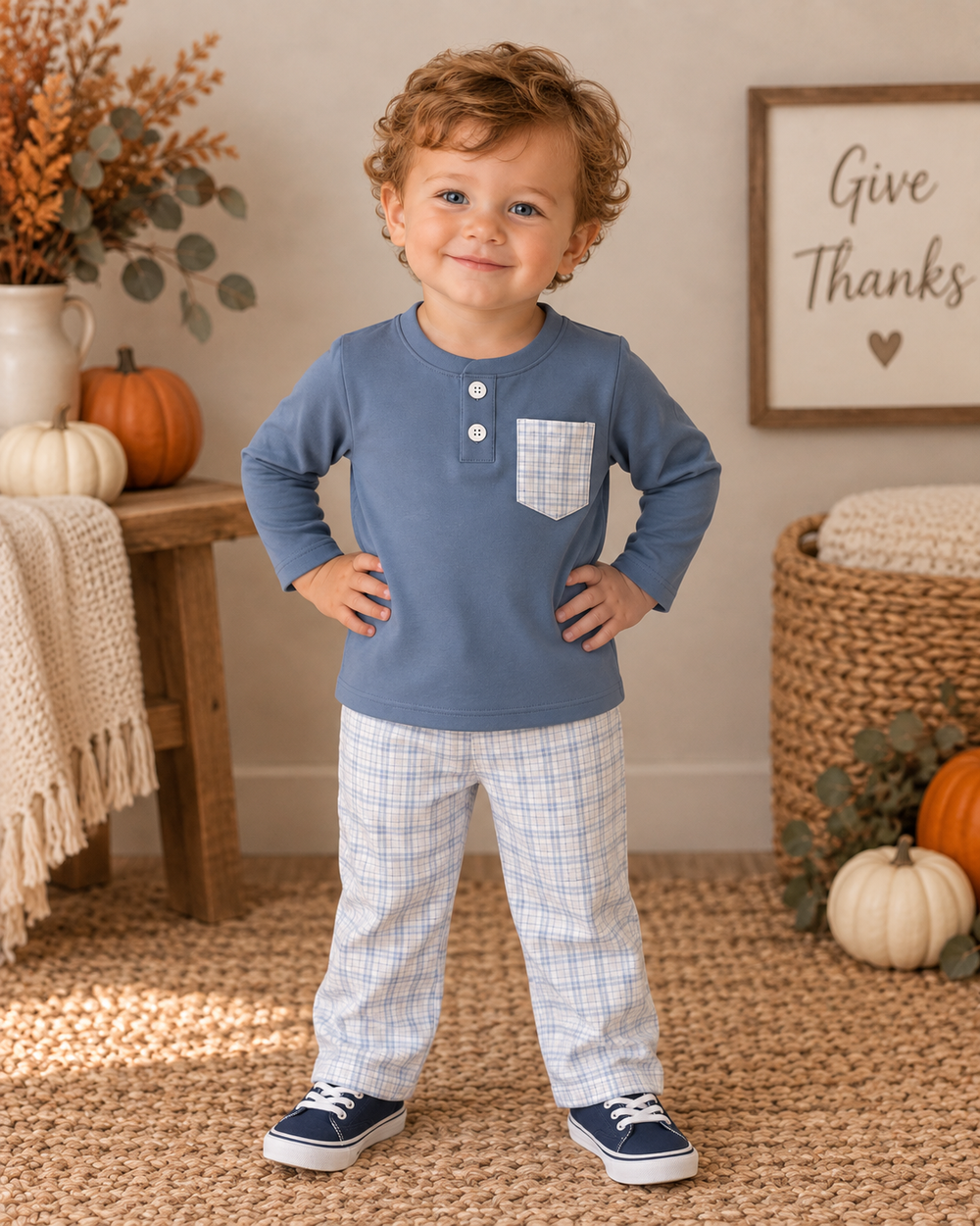 A toddler stands in a cozy indoor room wearing a dusty blue long-sleeve henley shirt with a small plaid chest pocket, paired with light blue and white plaid pants and navy sneakers. The background features autumn-themed decor including pumpkins, a knitted blanket, and a framed 'Give Thanks' sign.