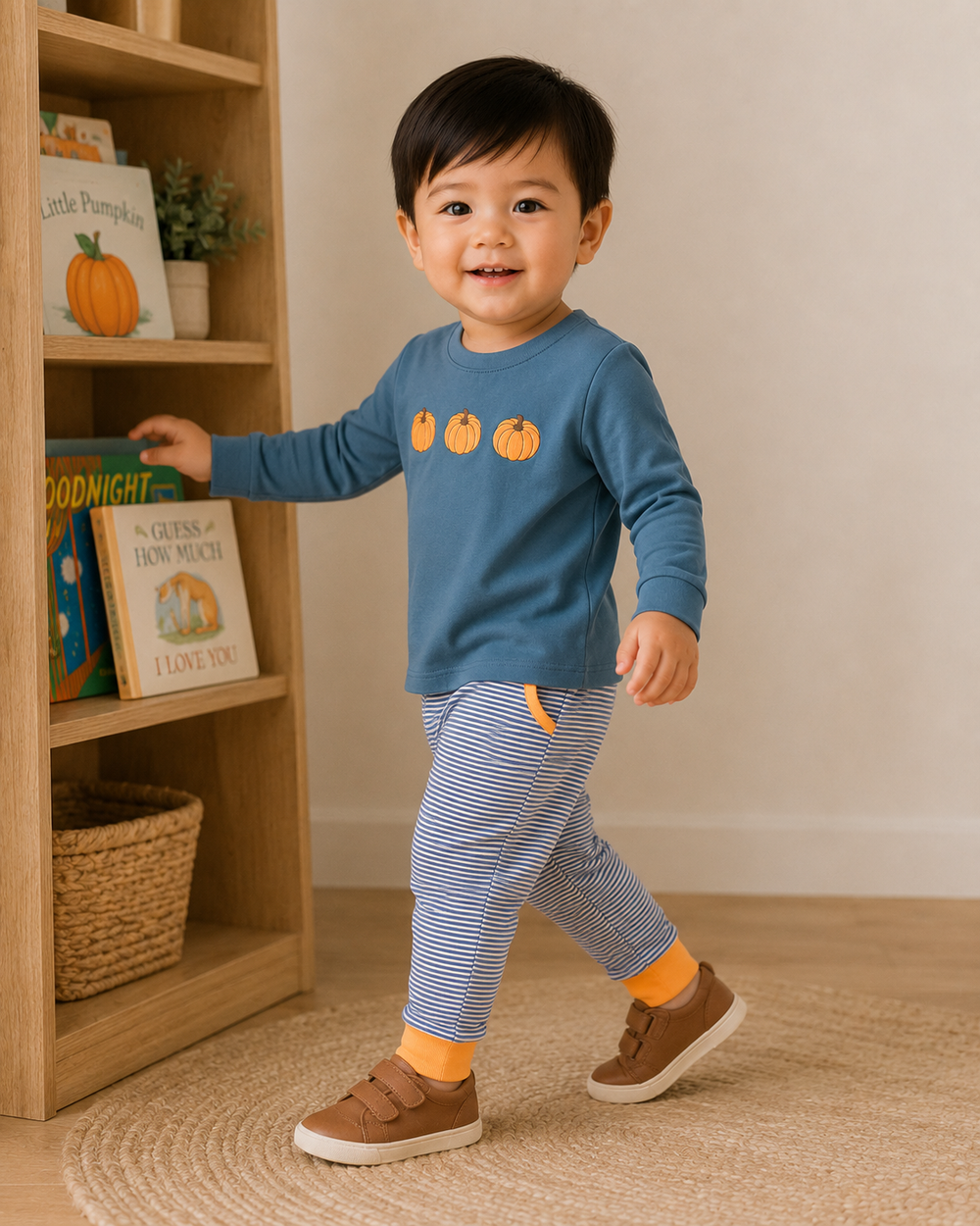 Kids teal top with pumpkin embroidery and blue striped pants, orange cuff hems