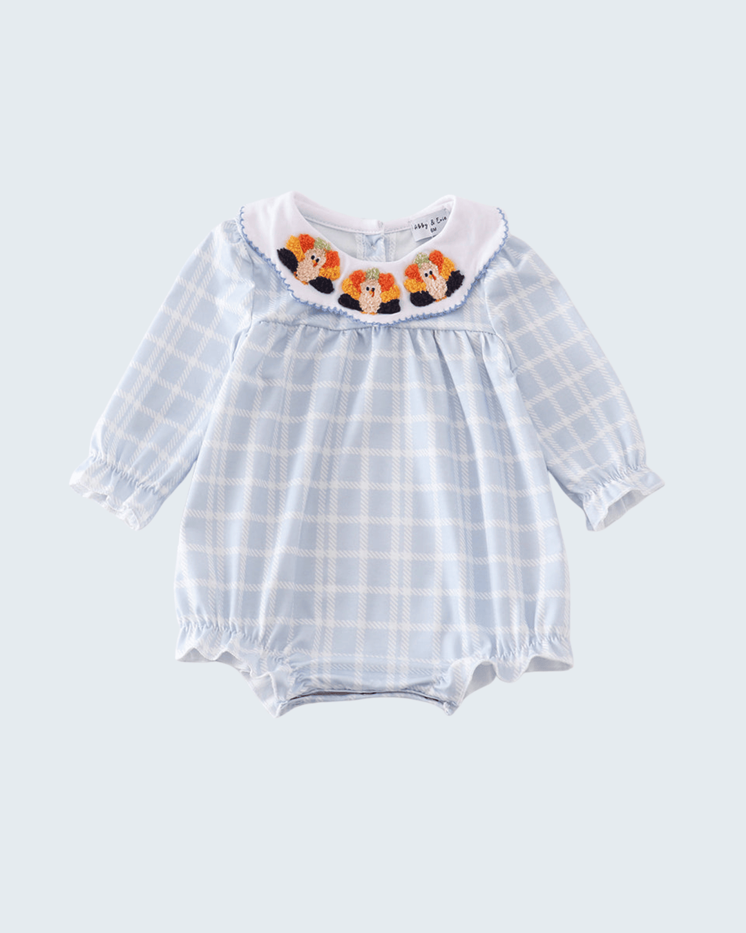 Light blue plaid bubble romper with embroidered turkey ruffle collar