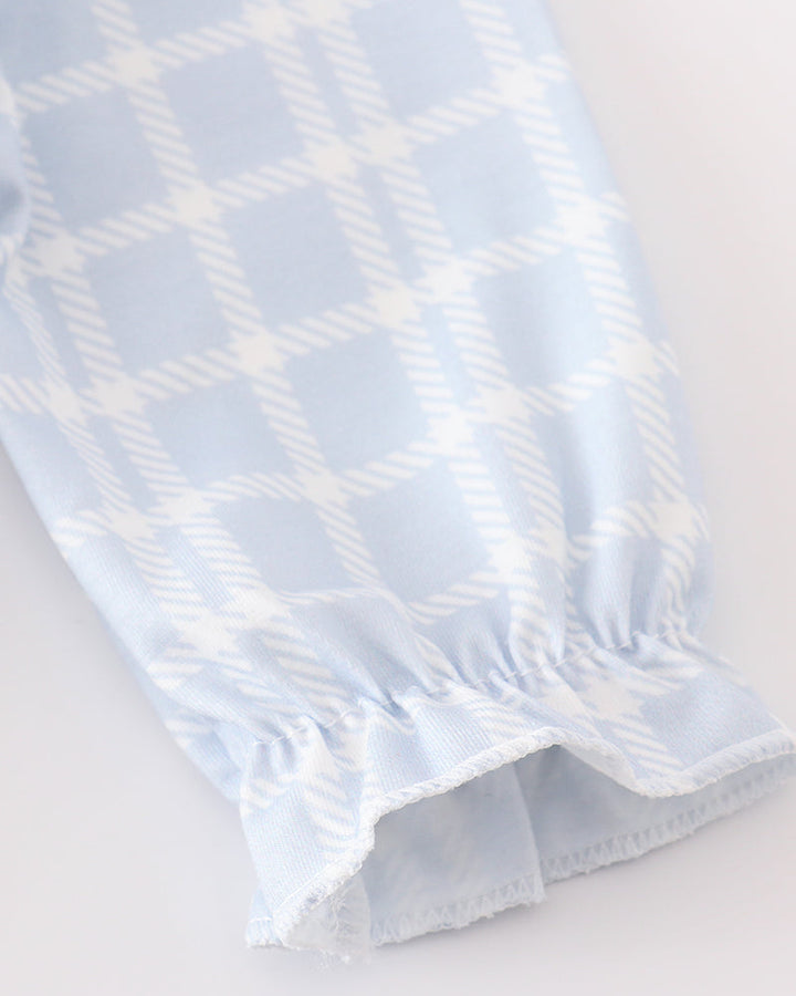 Light blue plaid girl bubble romper sleeve and gathered cuff