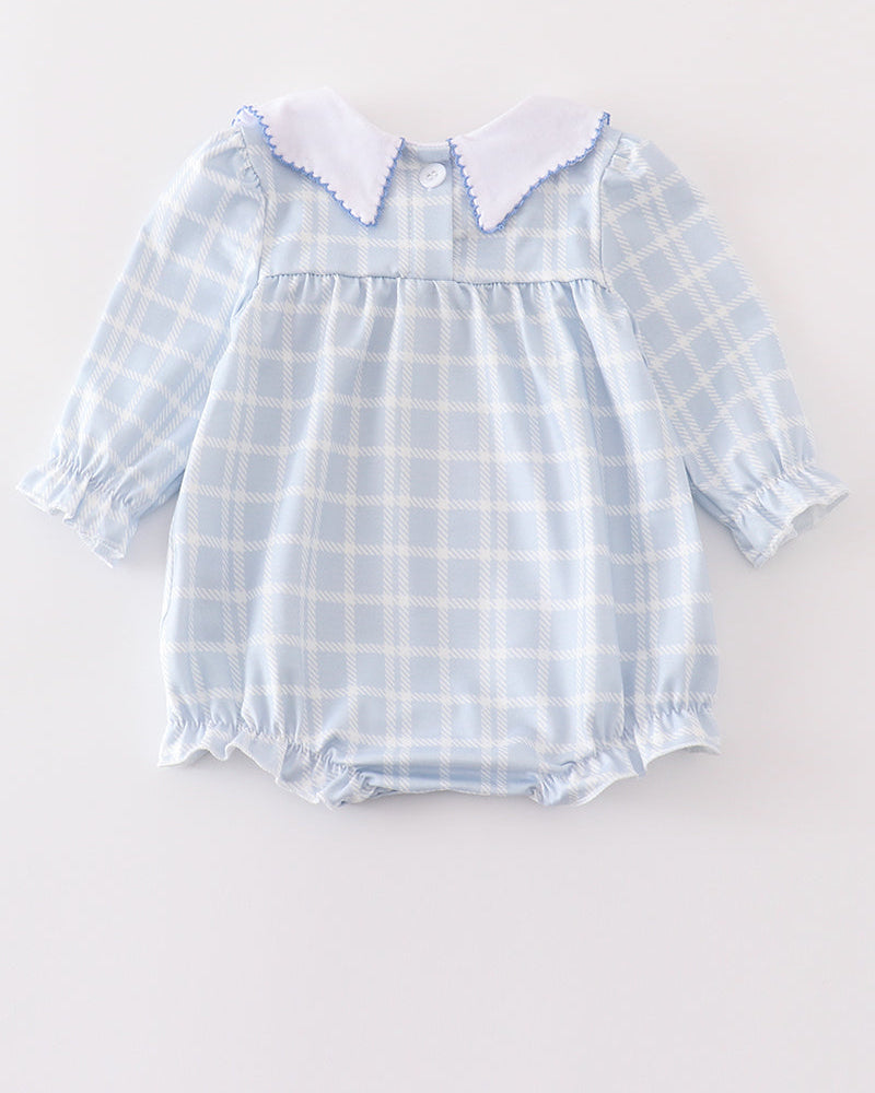 Light blue plaid girl bubble romper with Peter Pan collar and button placket