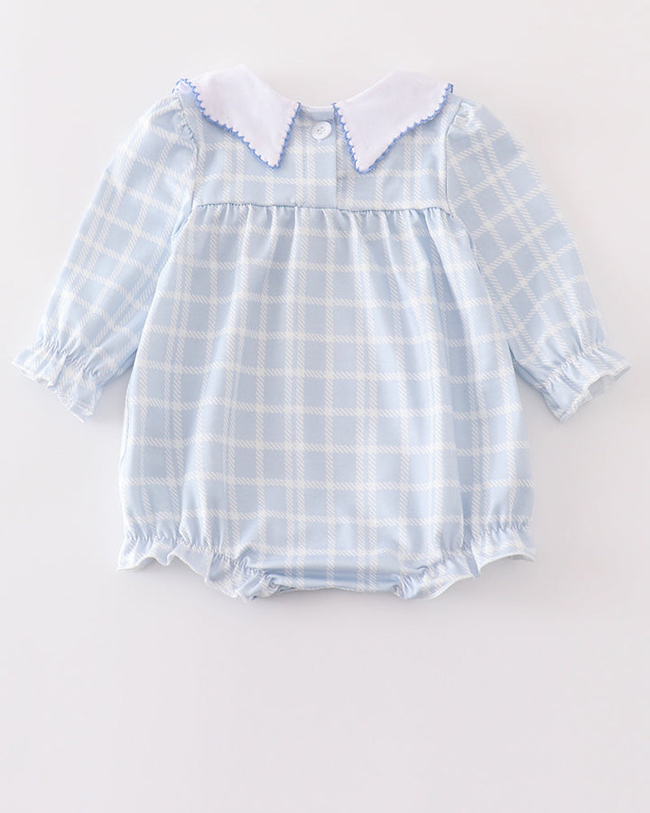 Light blue plaid girl bubble romper with Peter Pan collar and button placket