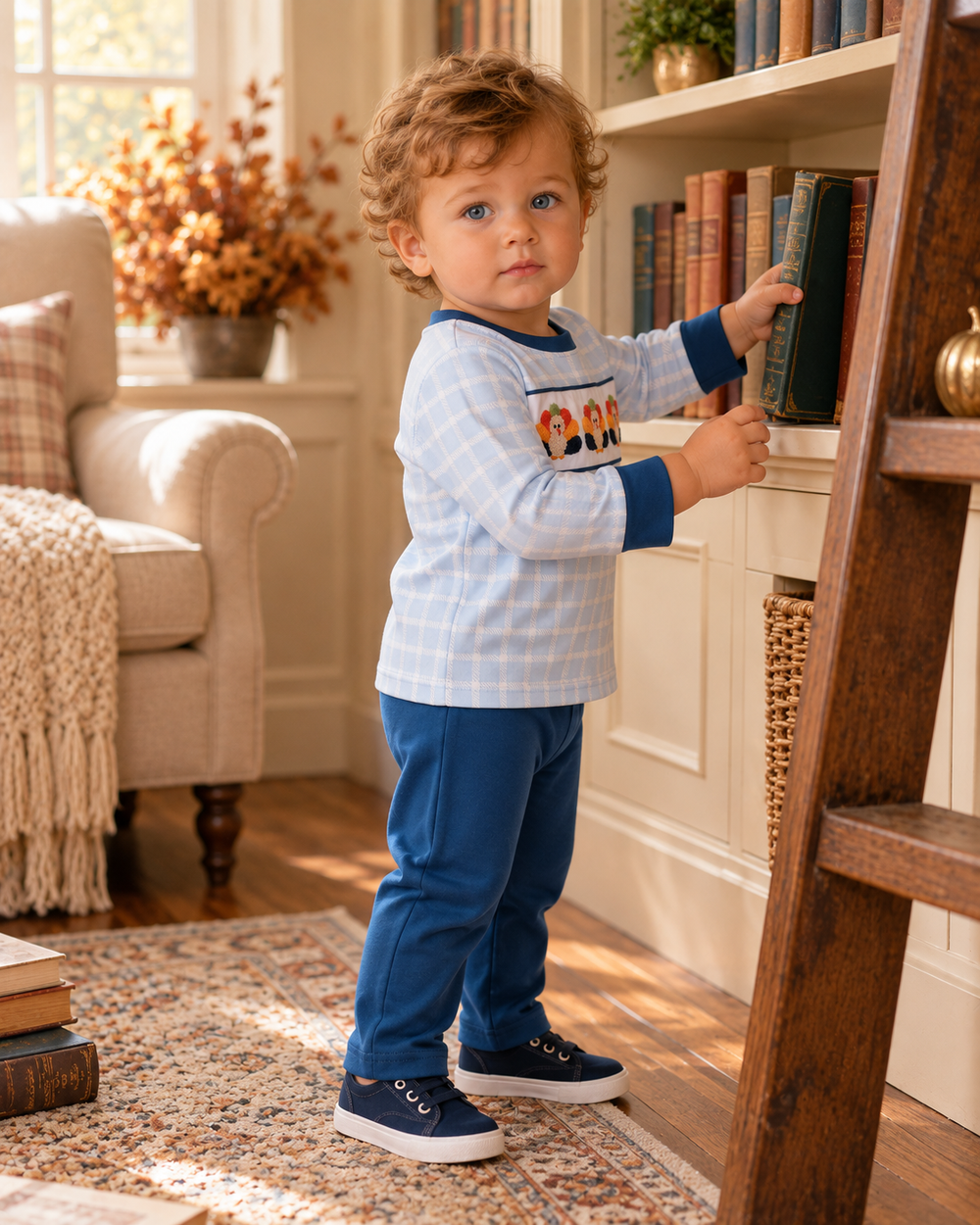 Toddler turkey plaid long-sleeve top with teal pants, dark cuffs.