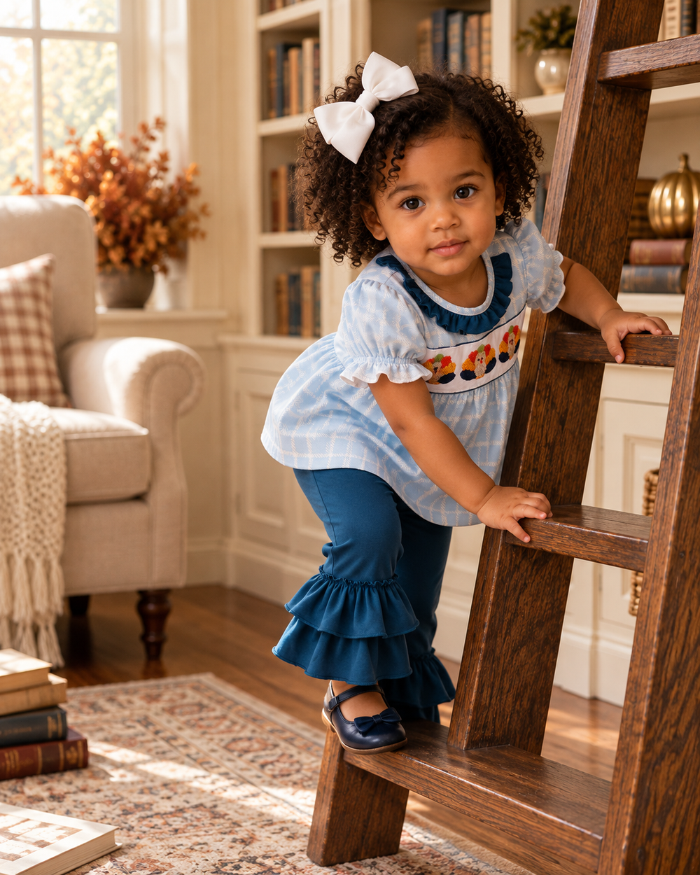 Light blue gingham ruffle top with turkey print and matching teal ruffle pants