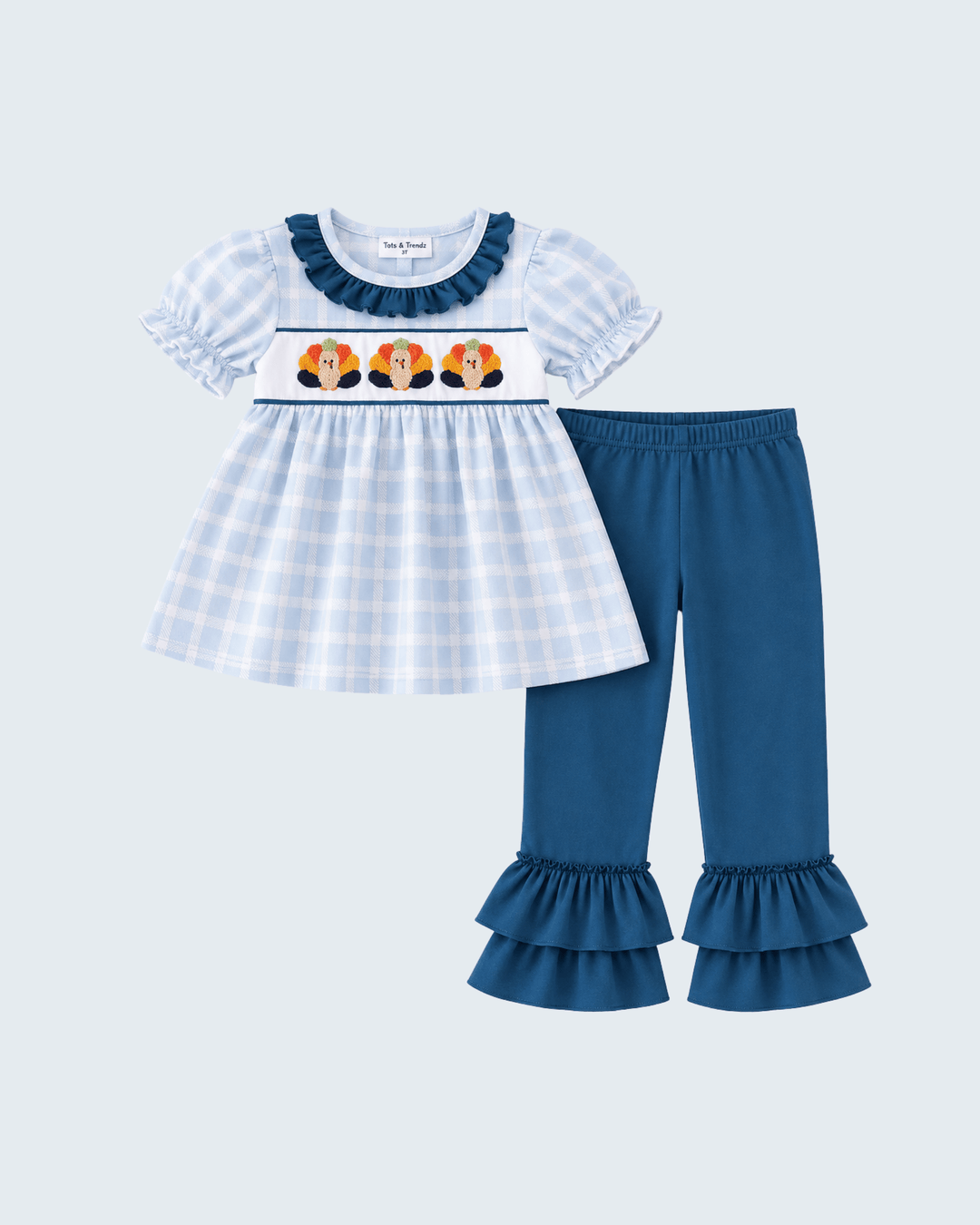 Gingham ruffle dress top with turkey graphic and teal flared ruffle pants set