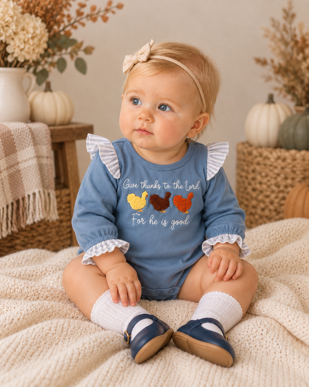 A baby girl sitting on a cream knit blanket in a cozy, autumn-themed room. She is wearing a dusty blue long-sleeve bodysuit with ruffled cuffs, white socks, navy shoes, and a matching headband.
