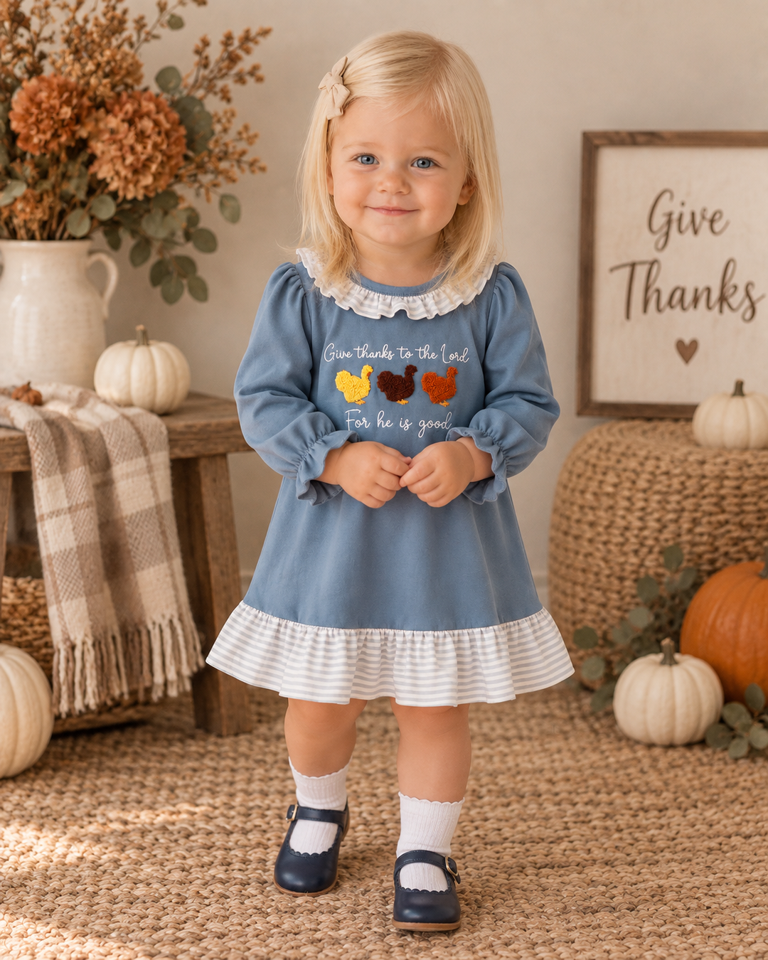 A young toddler girl stands in a cozy autumn-themed room wearing a light blue long-sleeve dress with a white ruffled collar and hem, featuring a turkey graphic on the chest. She is styled with white socks and navy blue shoes, surrounded by pumpkins, a plaid throw blanket, and a rustic wooden sign that reads &