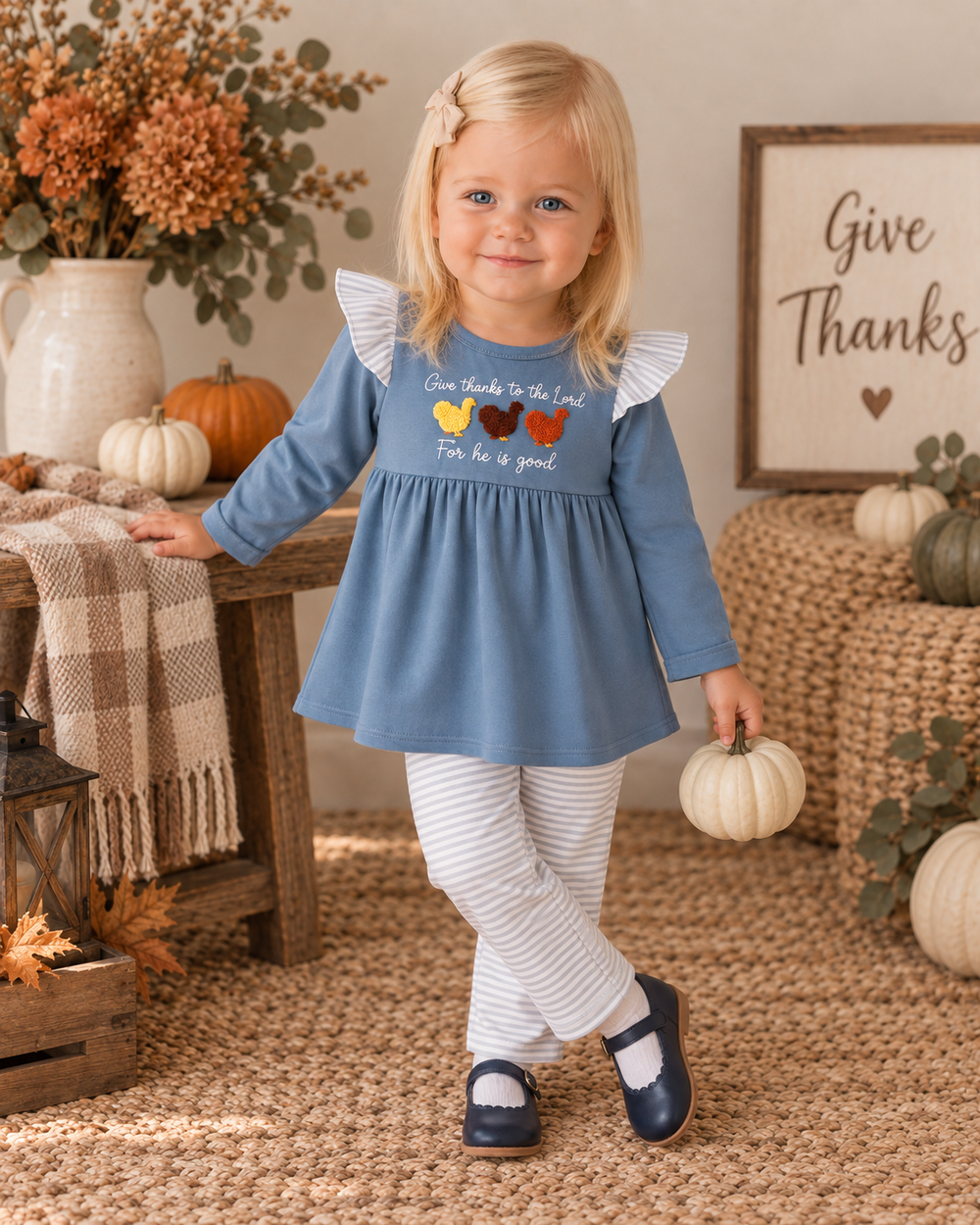 A young toddler girl stands in a cozy autumn-themed room wearing a dusty blue long-sleeve tunic top with ruffled shoulders, white and gray striped leggings, and navy Mary Jane shoes. The tunic features a printed Thanksgiving graphic with three colorful turkeys and the text 'Give Thanks To the Lord For He Is Good.