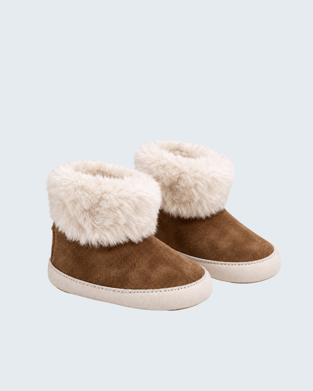 Kids brown suede barefoot boots with white faux-fur cuffs and slip-on design