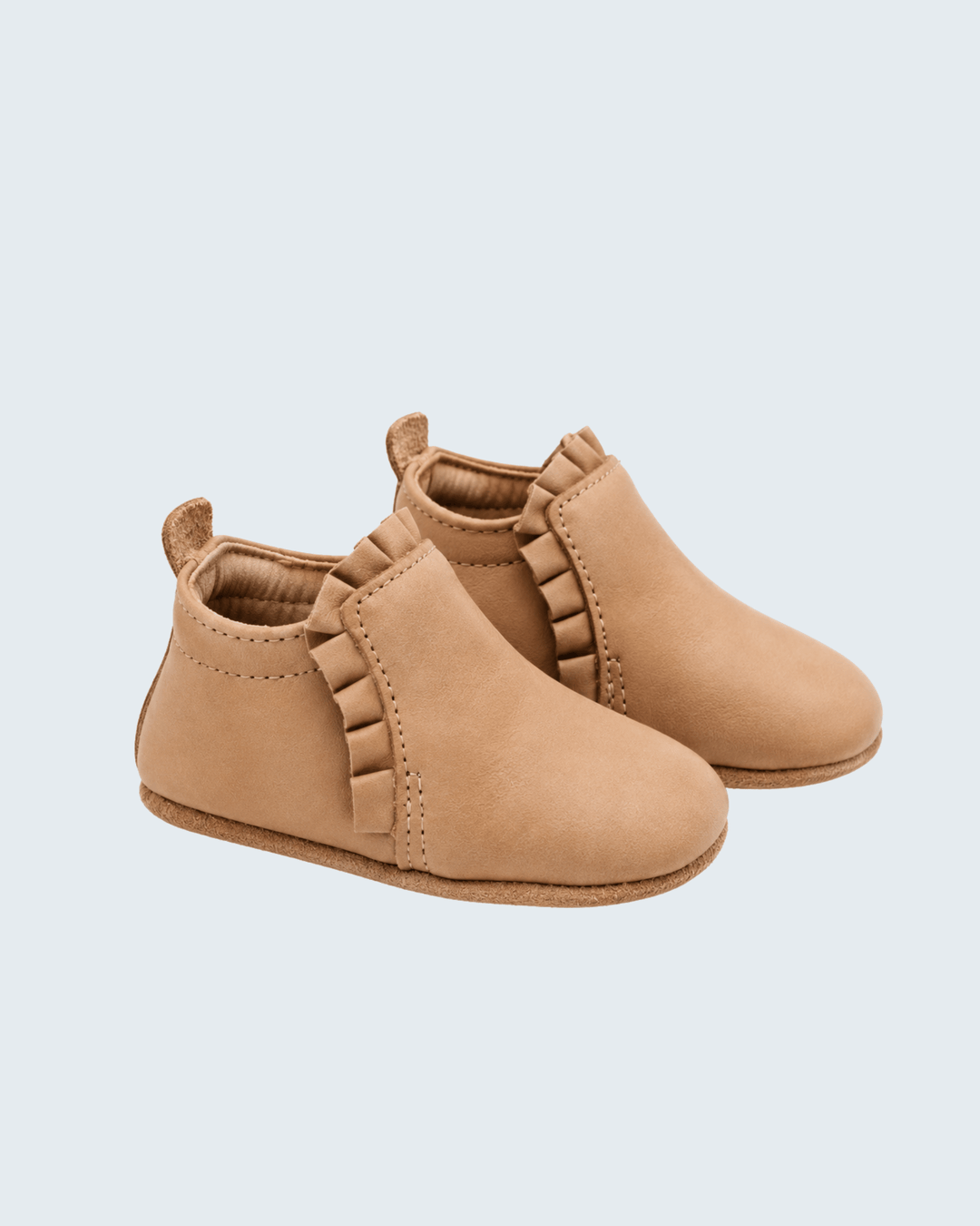 Girls' leather barefoot booties, desert sand slip-on with stitched side panels