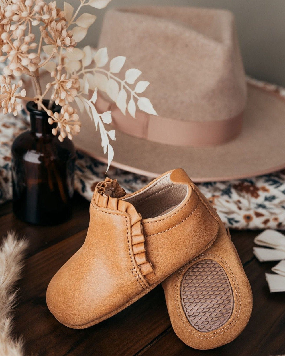 Tan suede ankle boots with side zipper and textured sole, kids