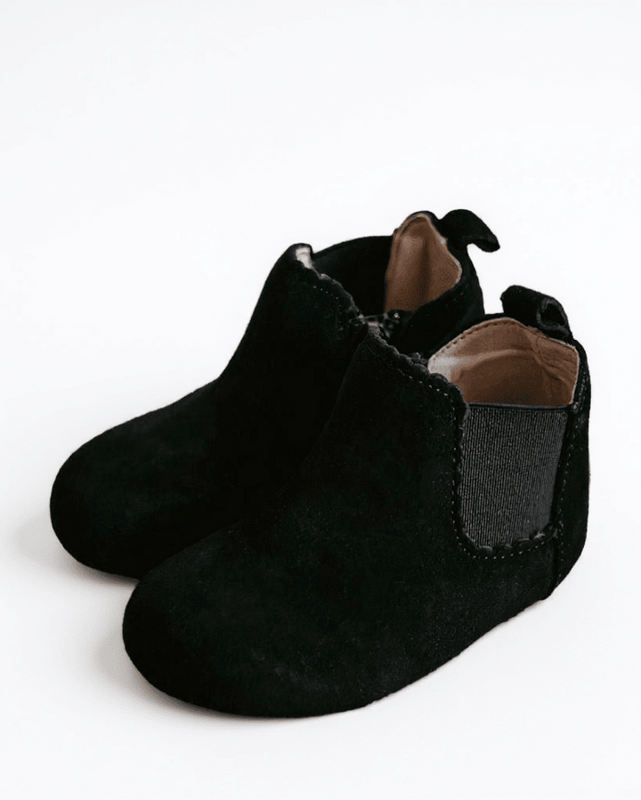 Black suede kids ankle boots with elastic gore and pull-on collar