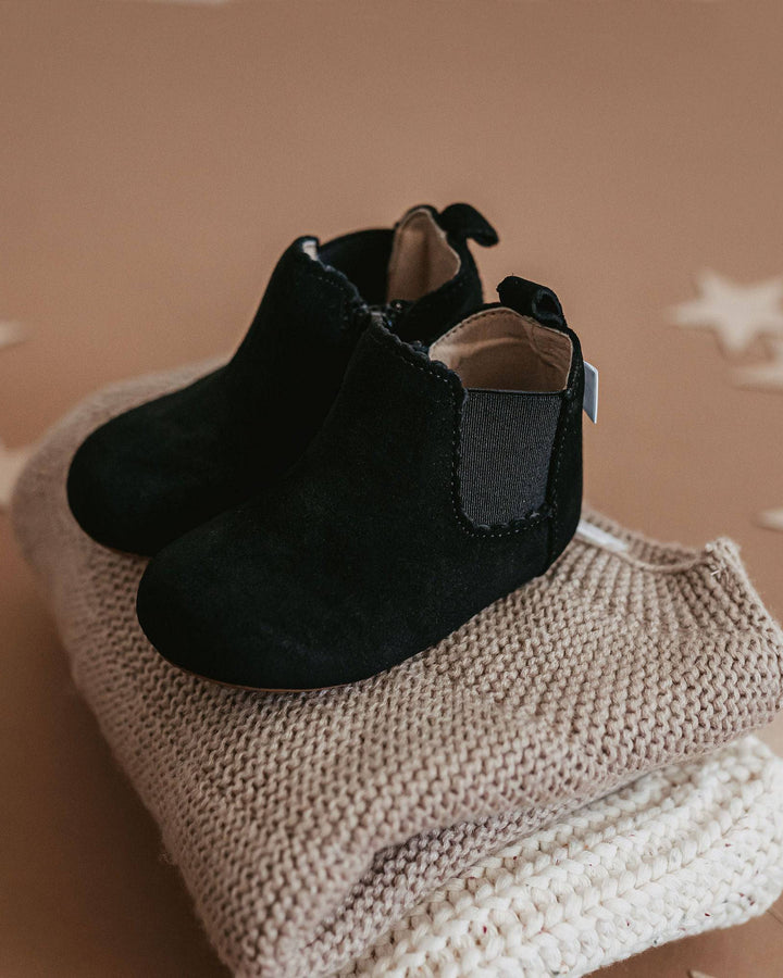 Black suede ankle boots for kids with elastic side panel and soft lining