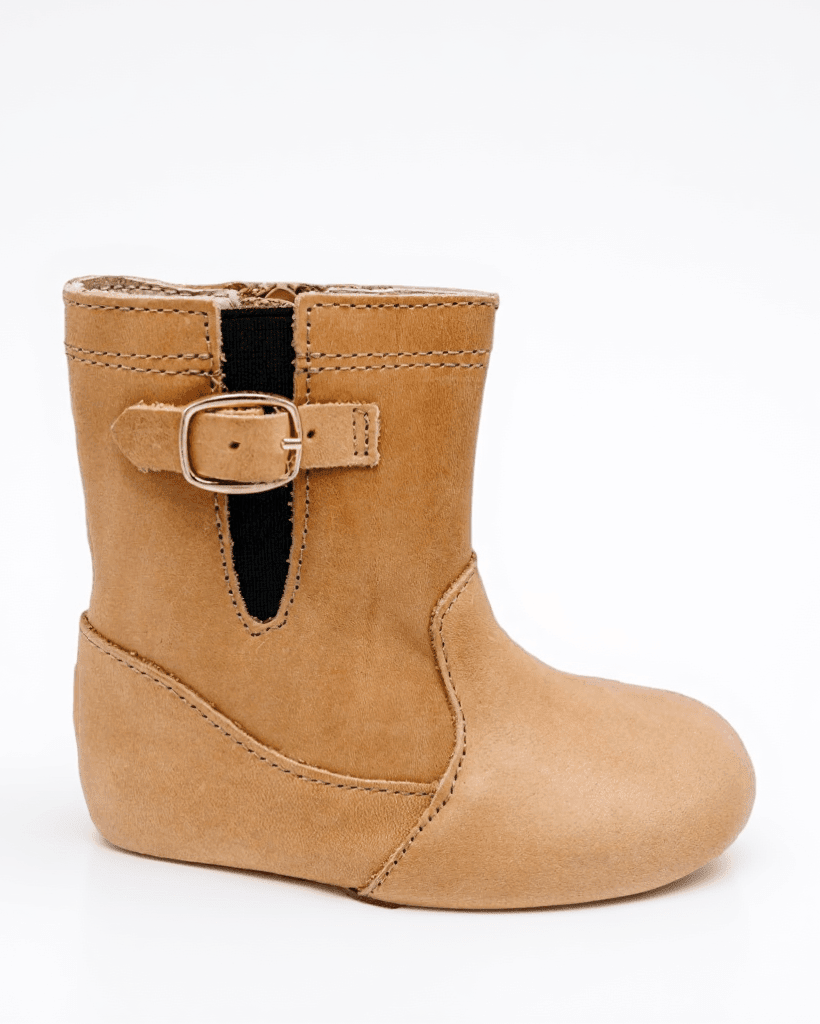 Desert sand kids riding boots with buckle strap and dark contrast side panel