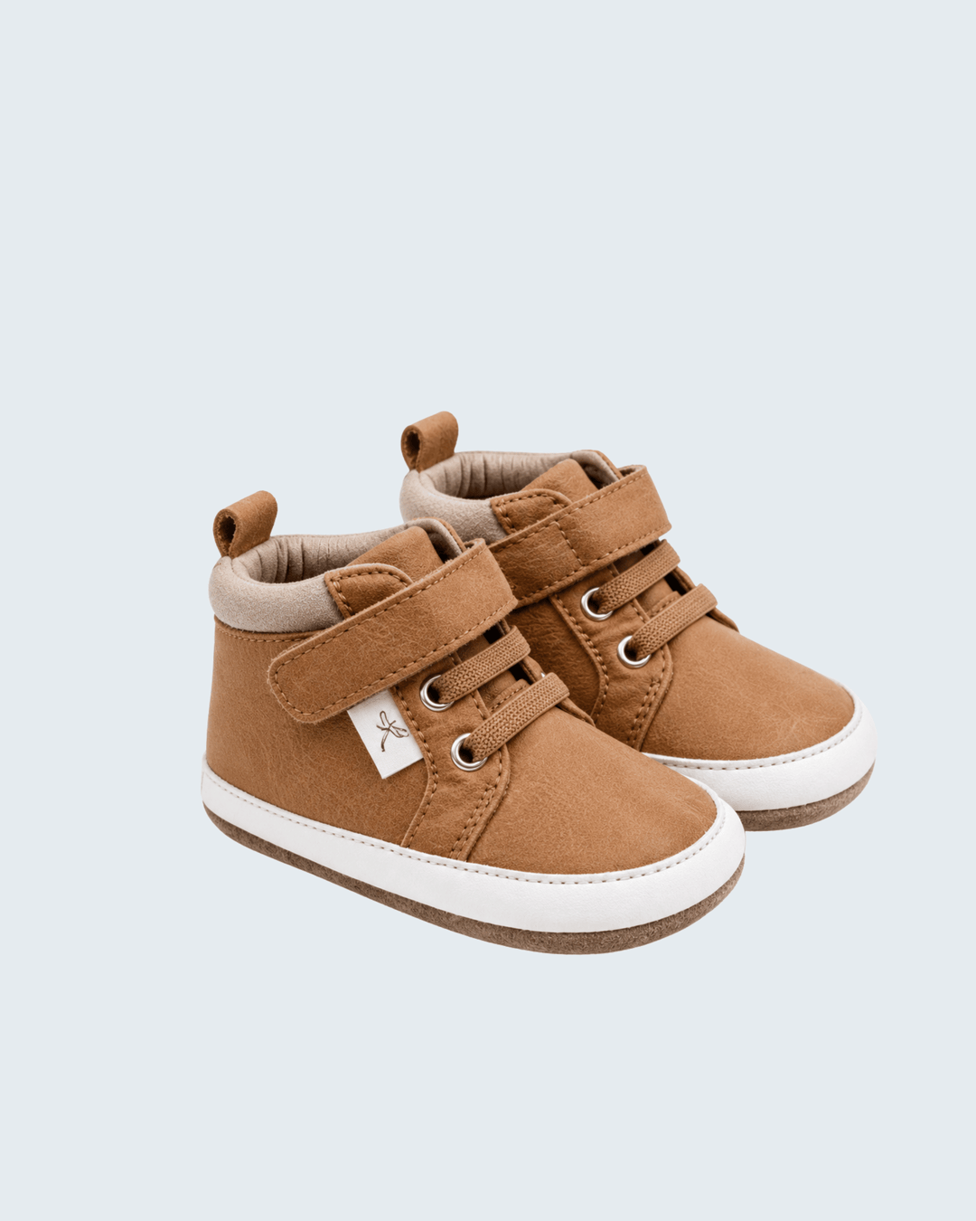 Tan leather barefoot sneakers with hook-and-loop straps, lace-up, and white rubber sole
