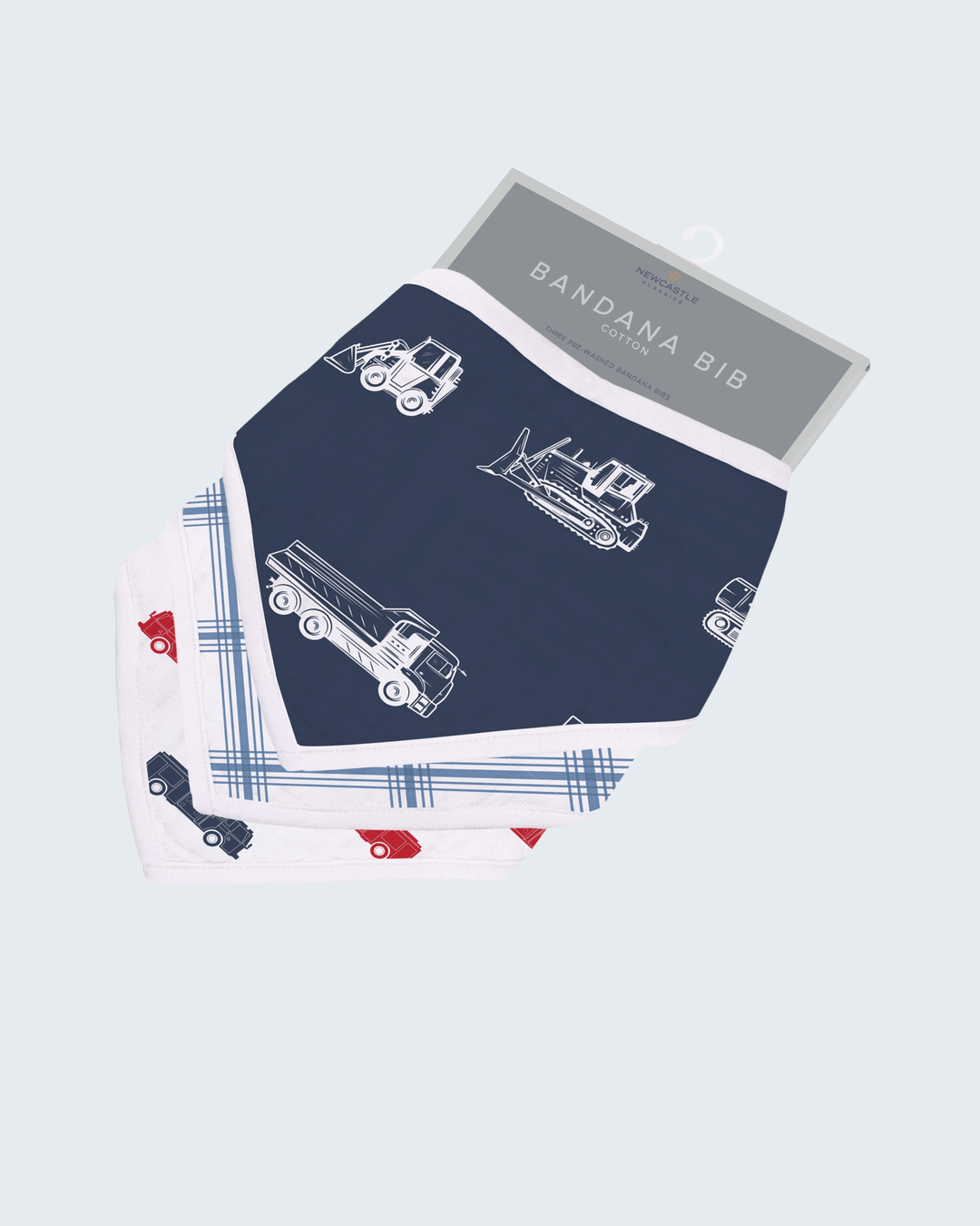 Three bandana bibs with truck designs on a light blue background