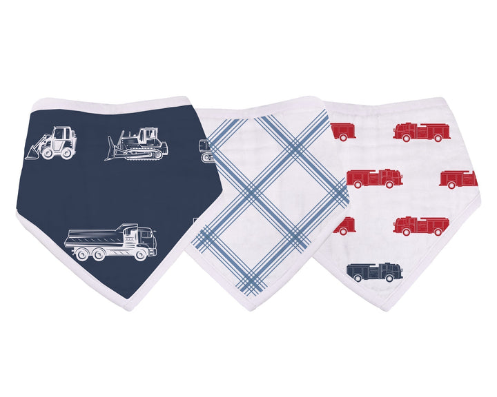 Three baby bibs with vehicle patterns on a white background